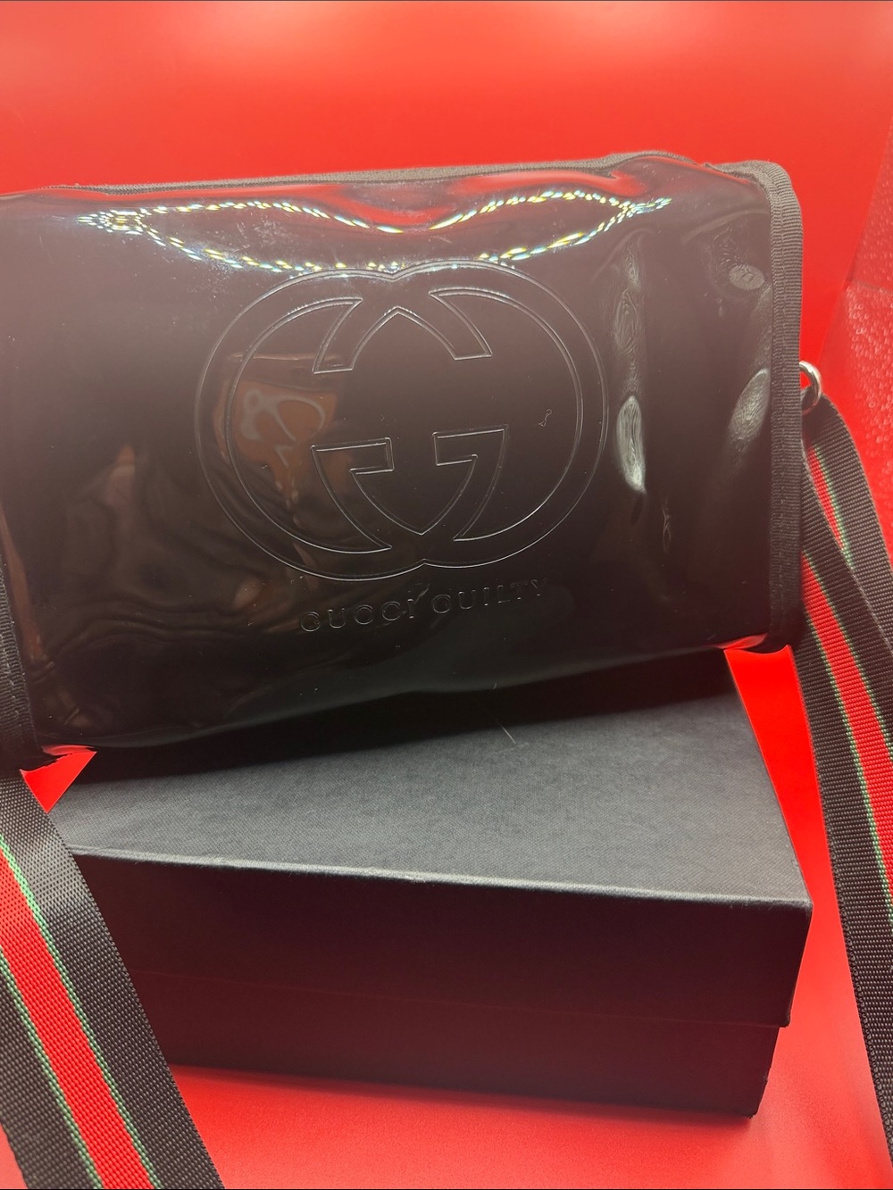 Gucci Black Patent Belt Bag with Red and Green Web Stripe and insert included